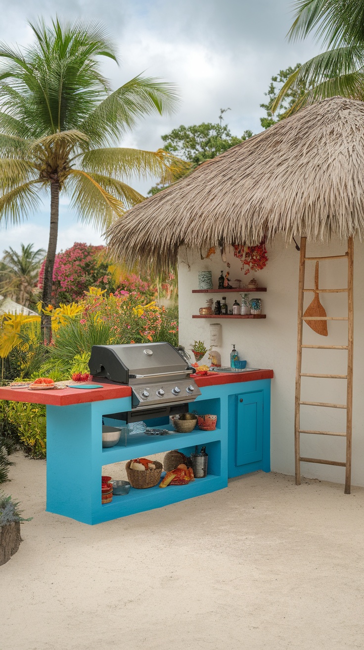 A colorful outdoor kitchen with a thatched roof, palm trees, and vibrant flowers.