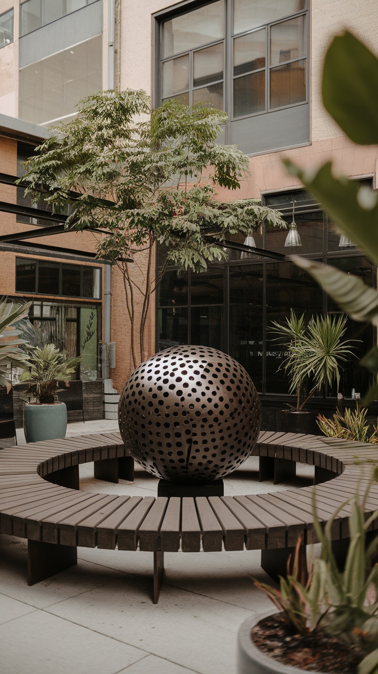 An outdoor art installation featuring a spherical sculpture surrounded by a wooden circular bench and lush greenery.