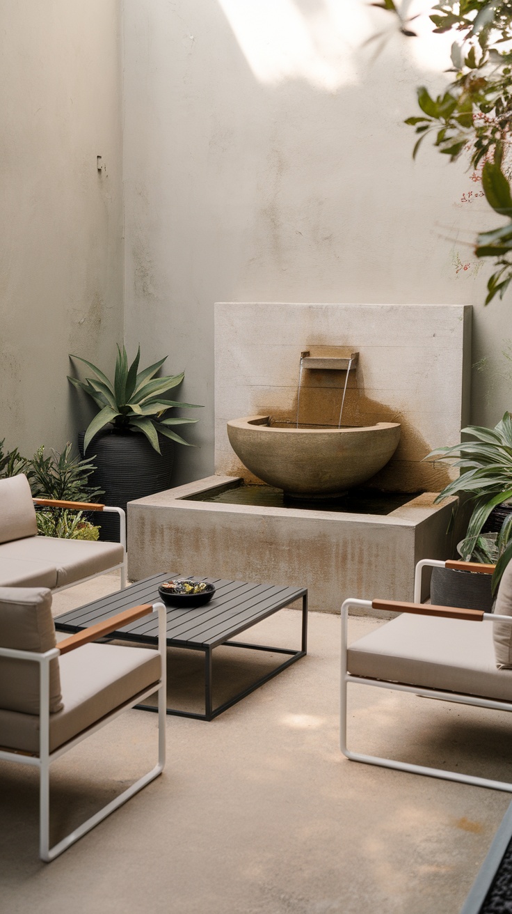 Stylish outdoor living room with a water fountain and comfortable seating