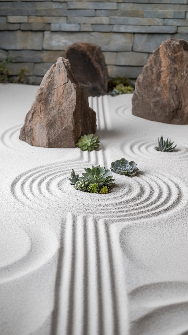 Zen-inspired garden with rocks, succulents, and patterned sand