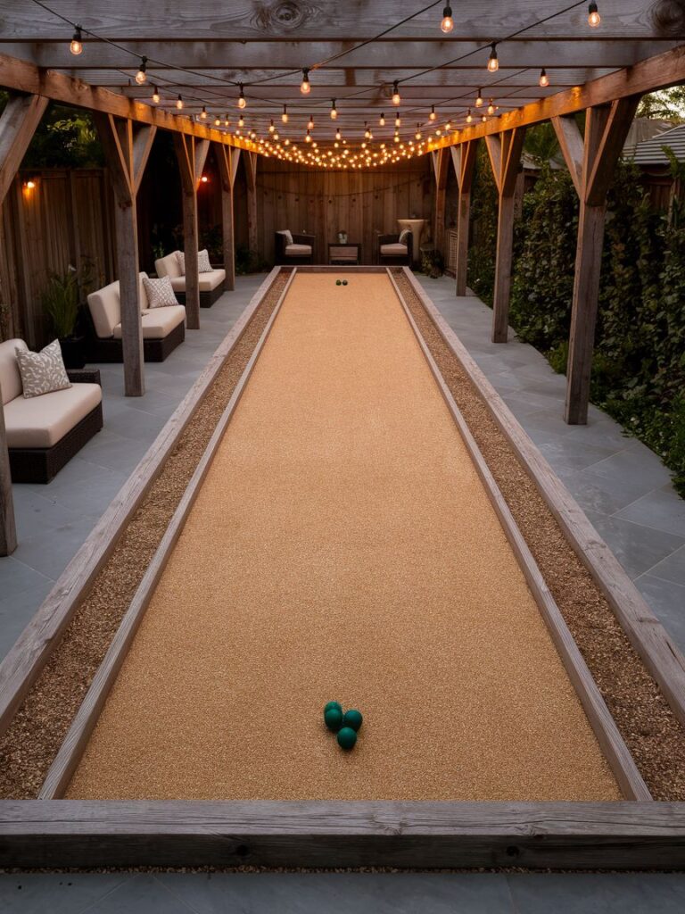 A long and narrow bocce ball court in one section of an L-shaped backyard