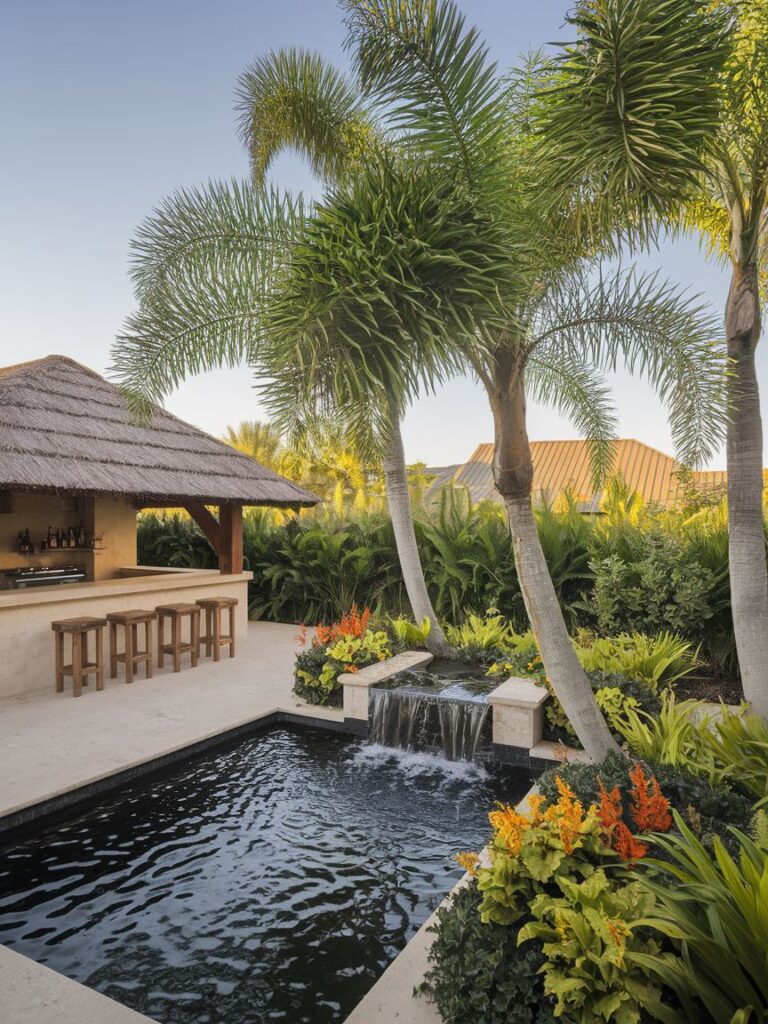 A lush tropical oasis in an L-shaped backyard, filled with exotic palm trees, ferns, and vibrant flowers