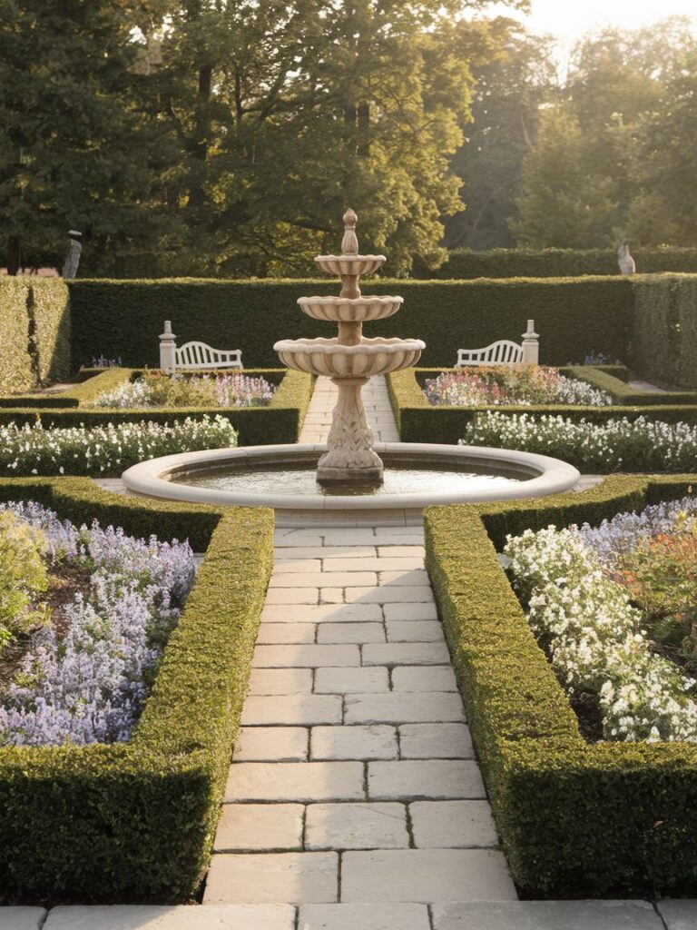 Formal garden in an L-shaped backyard