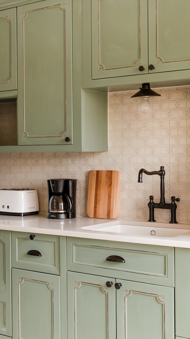 A kitchen featuring sage green cabinets with intricate detailing and a patterned backsplash.