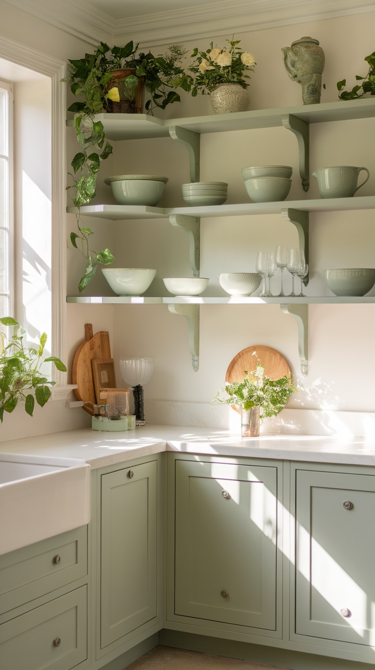 A kitchen corner featuring sage green open shelving, plants, and decorative kitchenware.