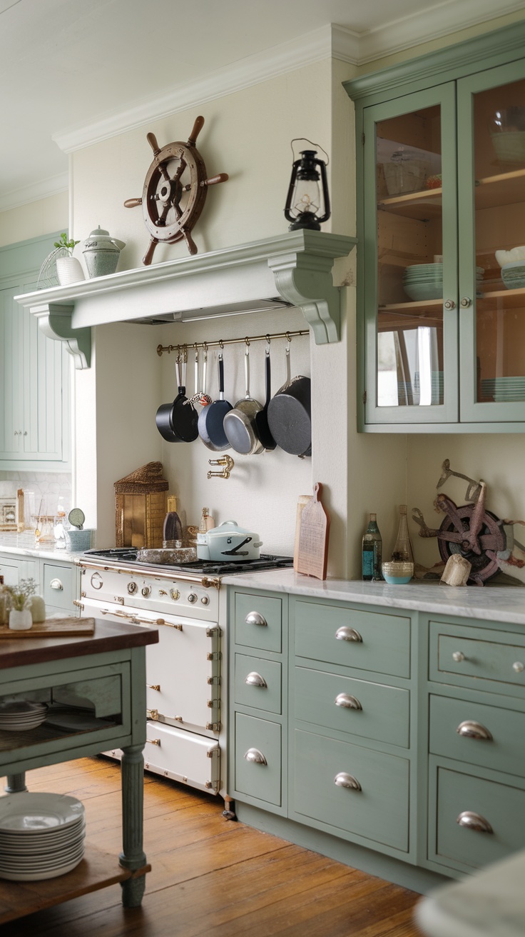 A coastal-themed kitchen featuring sage green cabinets, a vintage stove, and rustic wood accents.