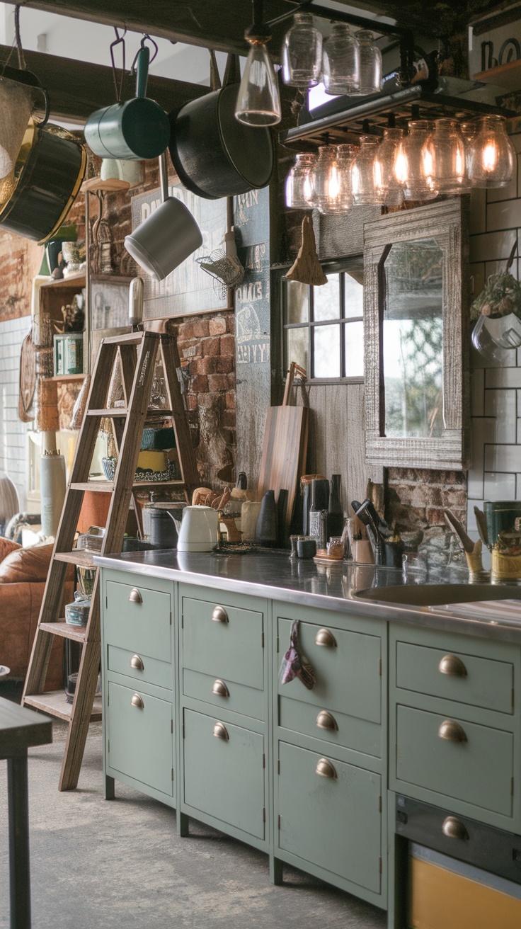 A cozy kitchen featuring sage green cabinets, rustic brick walls, and eclectic decor including hanging pots and open shelves.