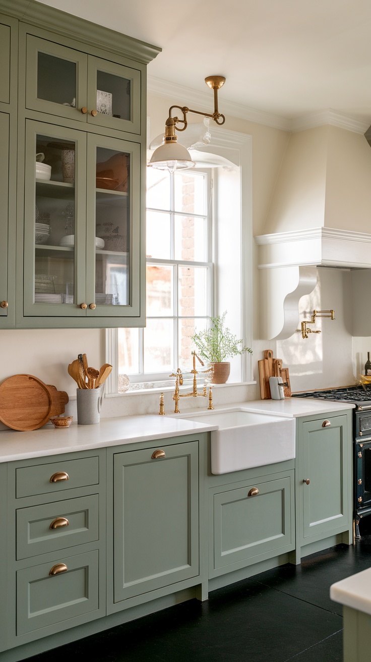 A kitchen featuring elegant sage green cabinets, chic golden lighting fixtures, and natural light from a window.