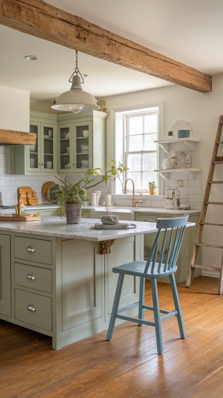 A farmhouse kitchen featuring sage green cabinets, wooden beams, and a cozy atmosphere.