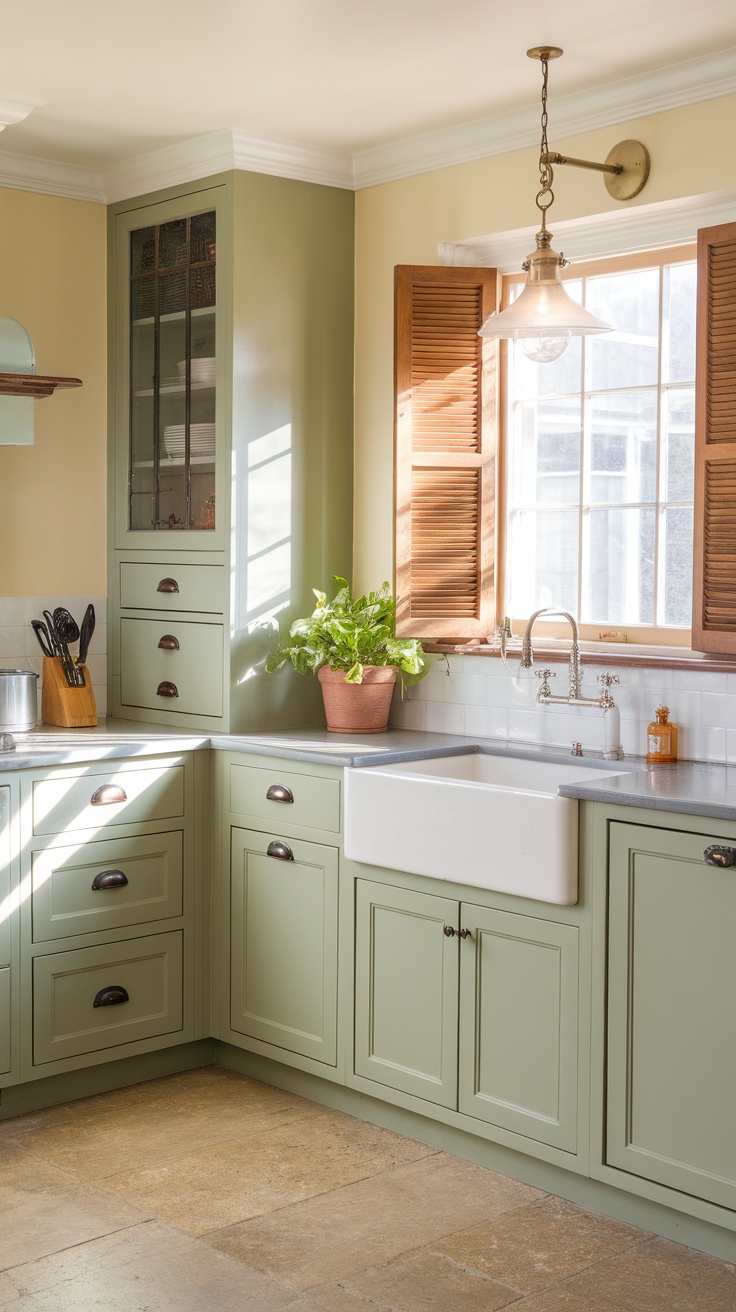 A sage green kitchen with natural light, showcasing wooden window shutters and a potted plant.