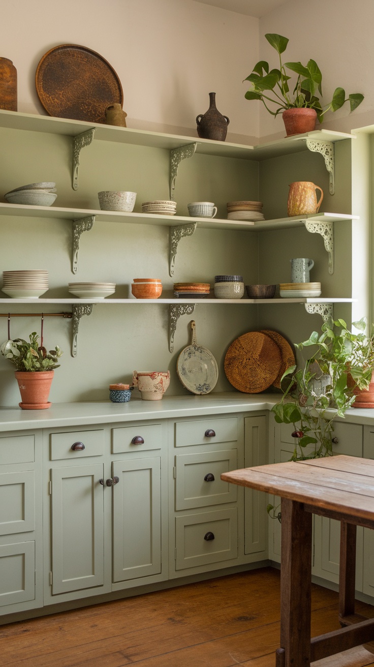 Open shelving in a sage green kitchen with various dishware and plants.