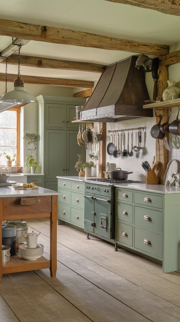 Rustic kitchen with sage green cabinets, wooden beams, and vintage stove