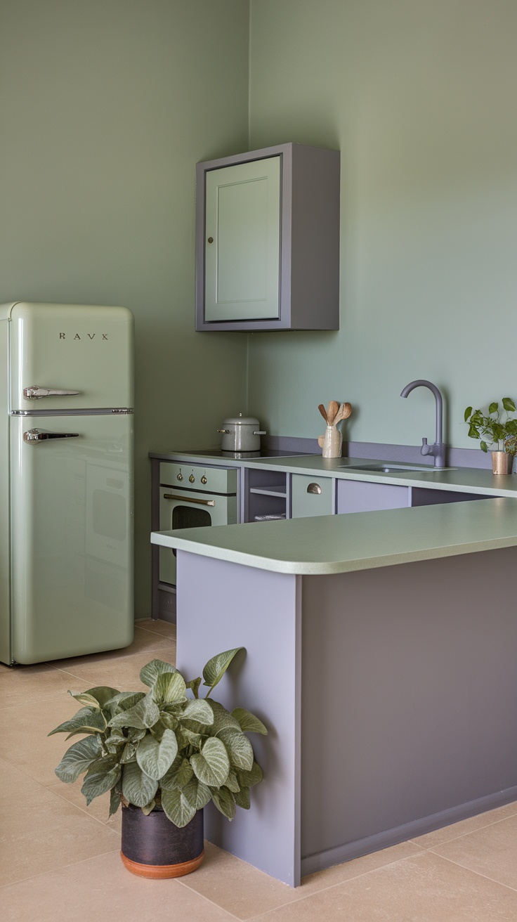 A kitchen featuring sage green walls, gray cabinets, and a retro green refrigerator.