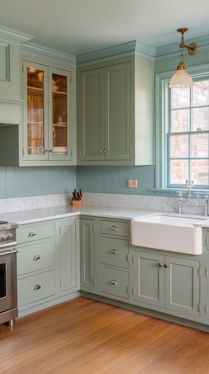 A kitchen featuring sage green cabinets, blue paneling, and a farmhouse sink.