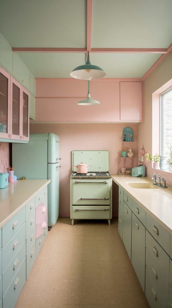 A kitchen with sage green cabinets and pastel pink accents, featuring a retro style stove and refrigerator.