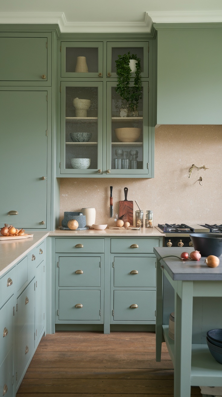 A serene kitchen with sage green cabinets and soft neutral decor.