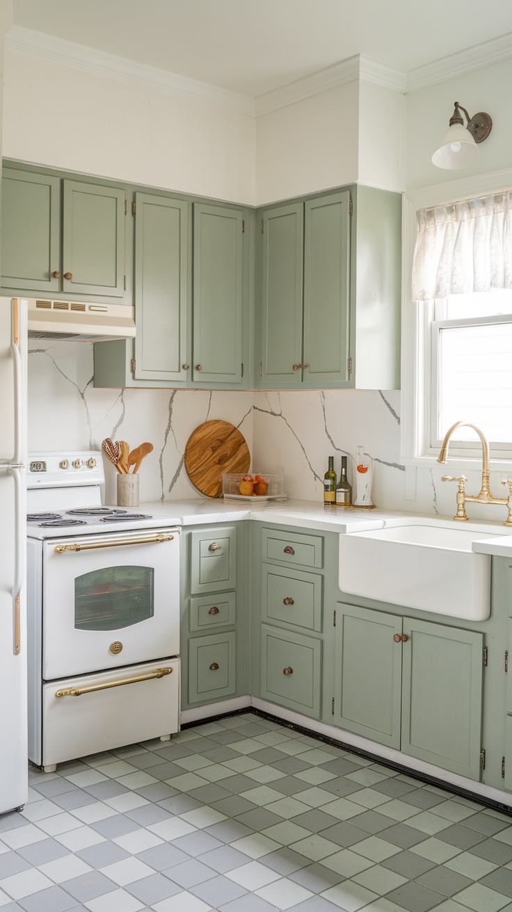 A kitchen featuring sage green cabinets and white marble backsplash.