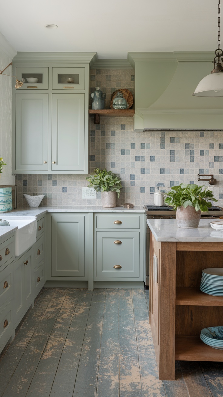 A serene kitchen featuring sage green cabinets, light wood accents, and a tile backsplash in coastal colors.