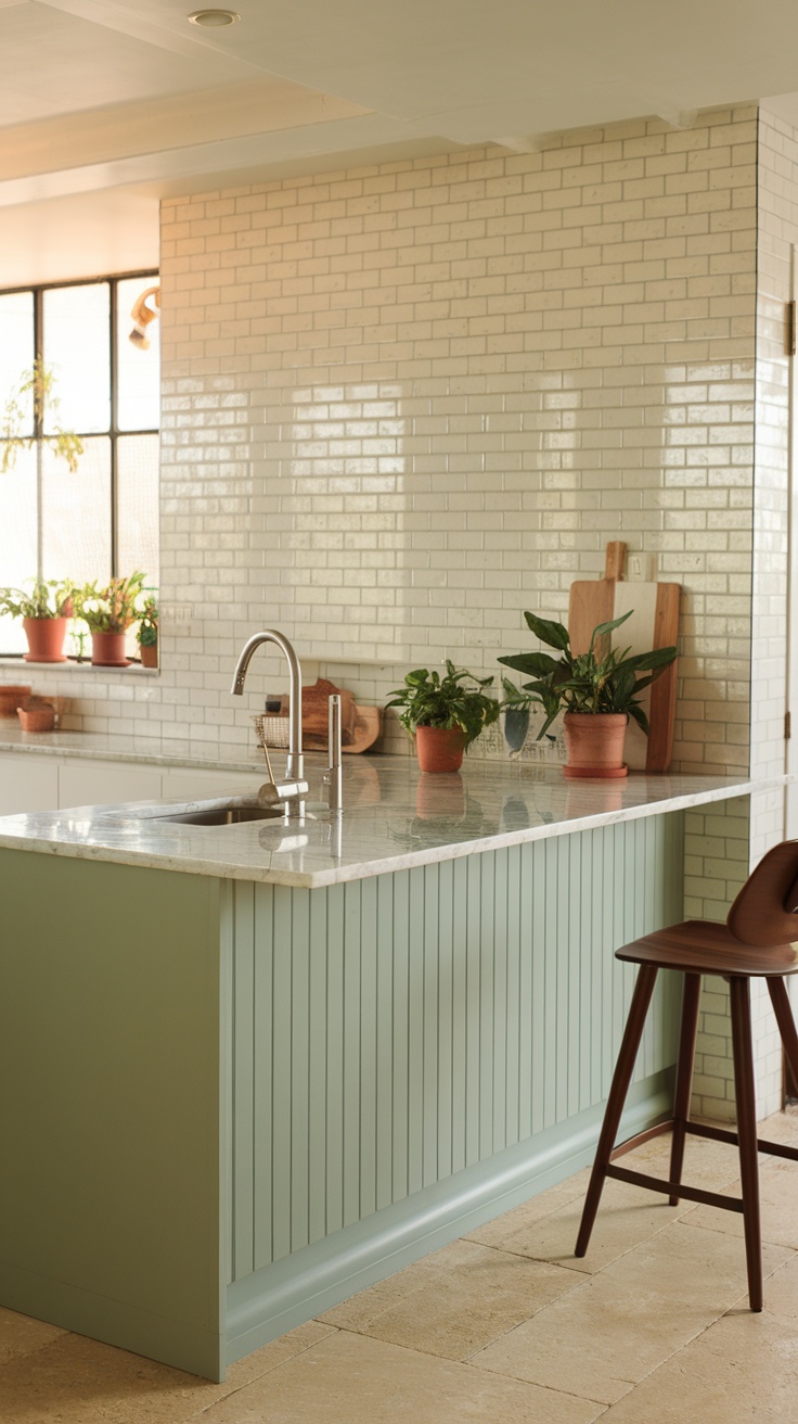 A sage green kitchen island with a marble countertop, surrounded by white tile walls and potted plants.