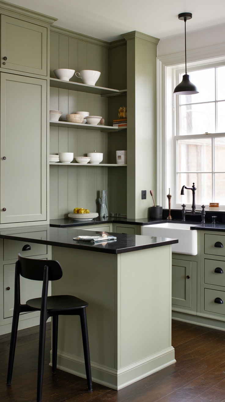 Kitchen featuring sage green cabinets and black countertops.