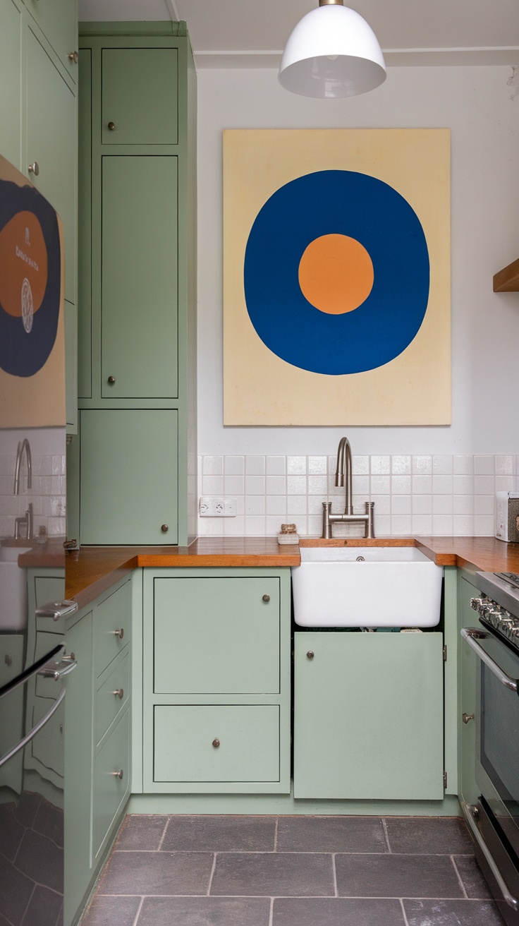 A modern kitchen featuring sage green cabinets and a large piece of contemporary artwork above the sink.