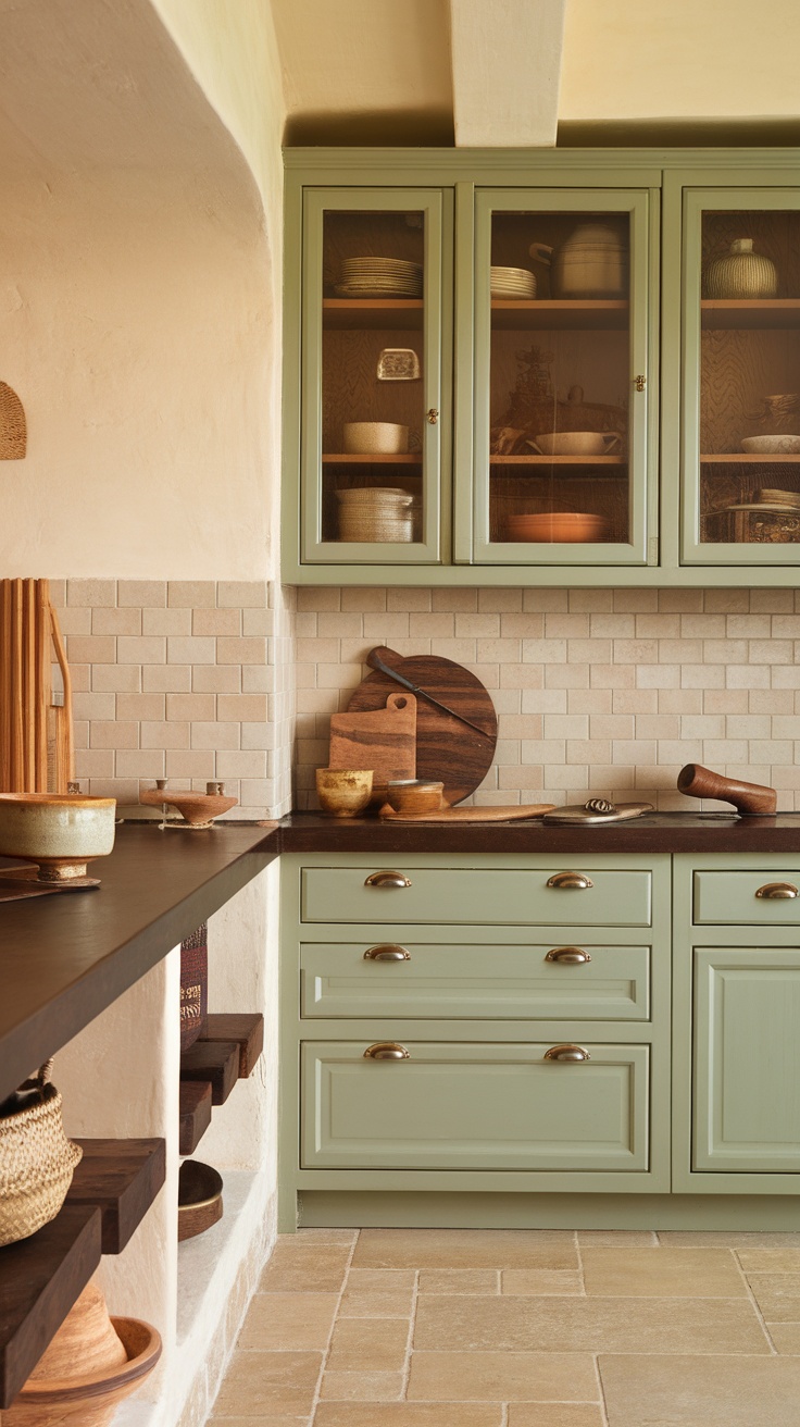 A kitchen featuring sage green cabinets, wooden shelves, and earthy textures.