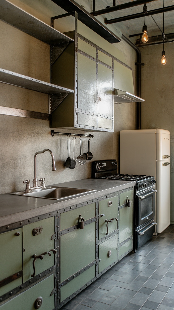 A modern kitchen featuring sage green cabinets, industrial metal elements, and vintage lighting.