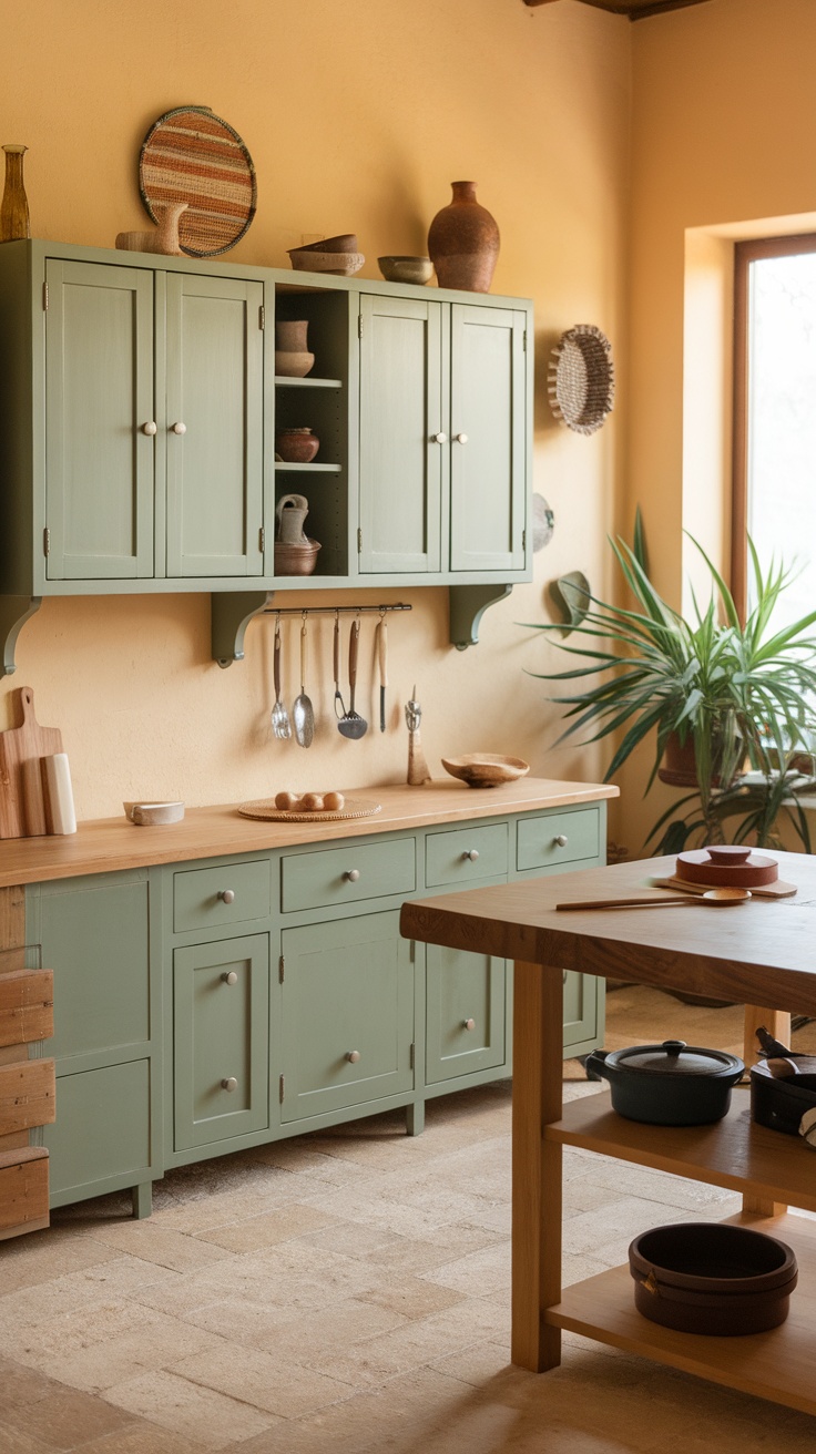 A serene kitchen with sage green cabinets and natural wood elements, featuring rustic pottery and plants.