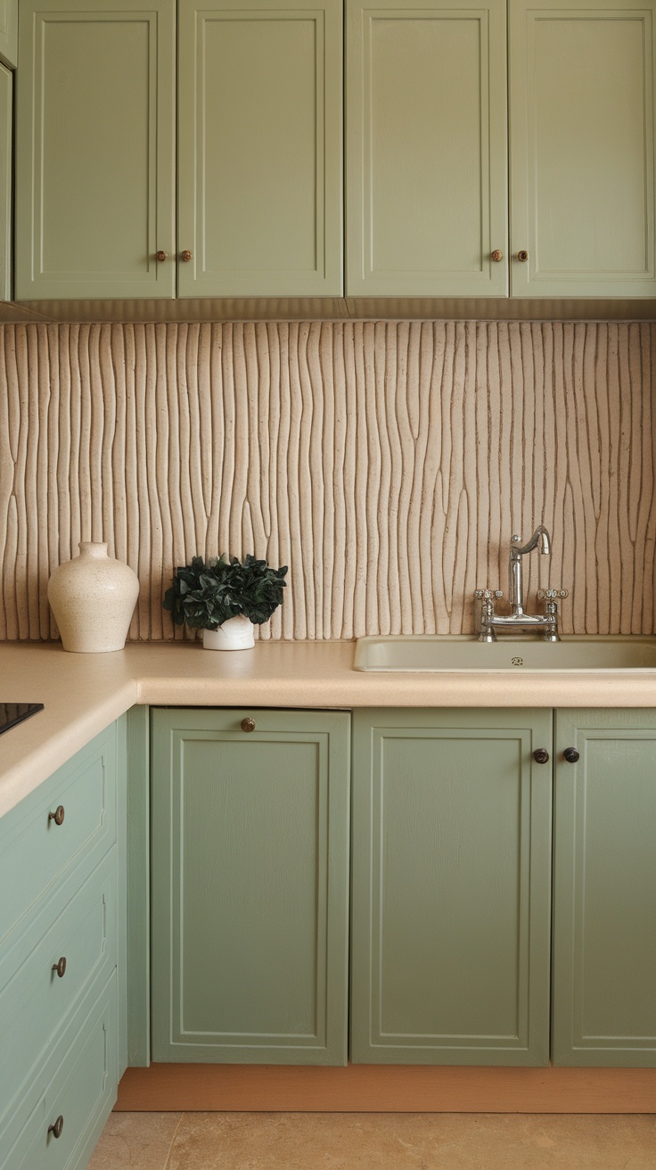 A serene kitchen featuring sage green cabinets and a textured beige backsplash.