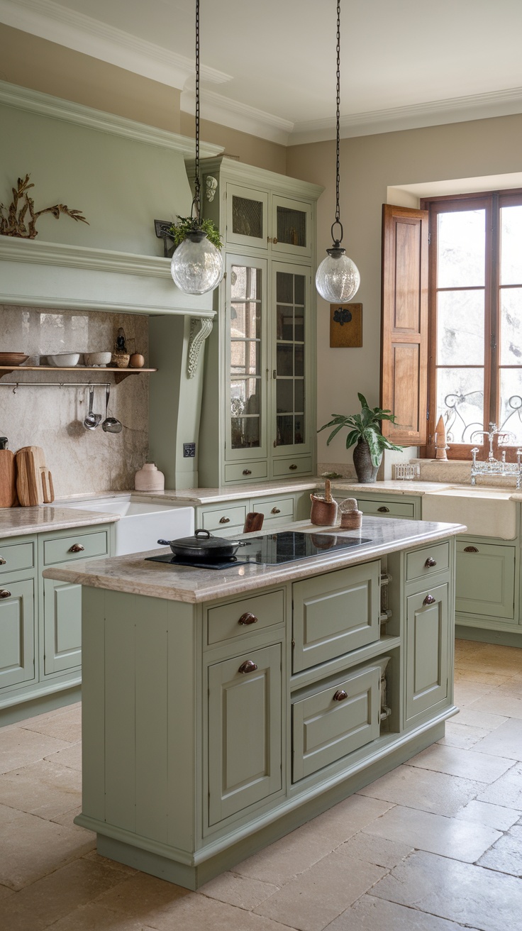 A stylish kitchen featuring sage green cabinets and marble countertops, with natural light coming through large windows.