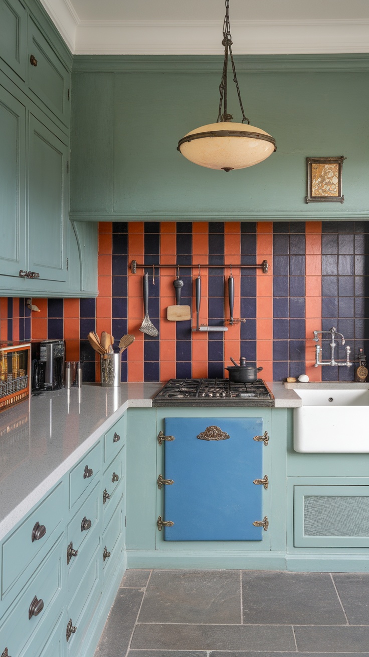 Stylish kitchen featuring sage green cabinets and a colorful backsplash